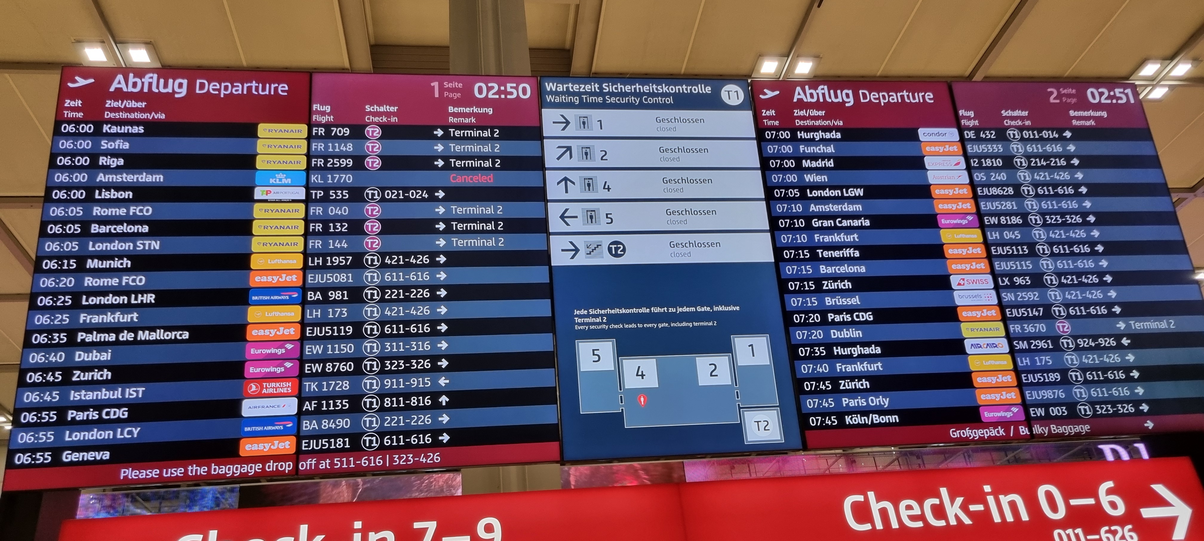 Flight status view showing an Amsterdam to Berlin route cancellation