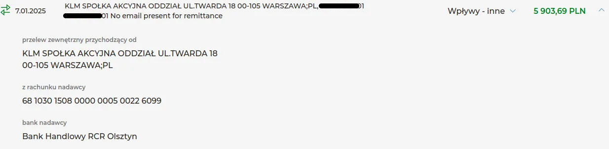 Bank transfer confirmation showing compensation payment from KLM